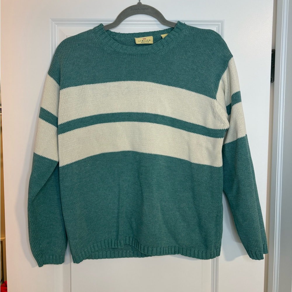 Teal and Cream Striped Crewneck Sweater - Women